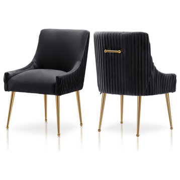 Glam Pleated Velvet Dining Chair Set of 2, Tufted Side Accent Kitchen Chair, Black