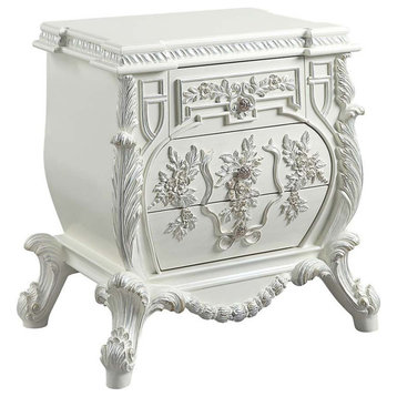 Benzara BM262125 Nightstand With Ornate Floral Accent & 3 Drawers, Antique White