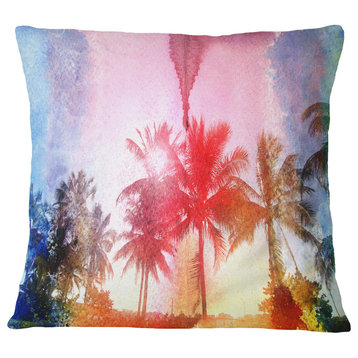 Retro Palm Trees Long View Landscape Painting Throw Pillow, 16"x16"