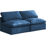 Meridian Furniture - Plush Velvet / Down Standard Comfort Modular Sofa, Navy, 2-Piece: 2 Armless Chair - No matter how big or little the size of your gang, they can all find their sweet spot when you choose pieces from the Plush collection to build your ideal seating group. Choose this individual Plush piece or pair multiple pieces together to get the custom look everyone will love. The soft navy velvet material is soft and welcoming to the touch, and the set's cushions are overstuffed with a down and feather blend to provide ample support for tired bodies.