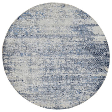 Blue Broken Mosaic Design Wool and Silk Hand Knotted Round Rug 6' x 6'