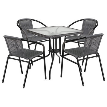 28'' Square Glass Metal Table and 4 Gray Rattan Stack Chairs