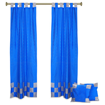 4 Pc Set Indian Sari Curtains & Cushion Covers Boho Tab Top French Blue 84"