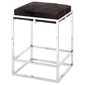 Luxe Open Geometric Silver Frame Counter Stool Chocolate Brown Hair Hide Square