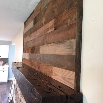 Reclaimed Barn Wood Accent Wall and Custom 6"x8" Urethane Coated Mantle