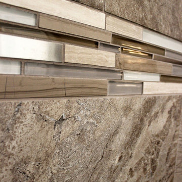 Cherry Onyx Vanity with Cambria Bellingham Countertops and Gray Tiled Shower
