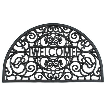 Black Moulded Scroll Welcome Haf-round Rubber Doormat, 18"x30"