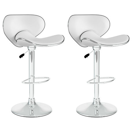 Curved Form Fitting Adjustable Bar Stool, White Leatherette, Set of 2