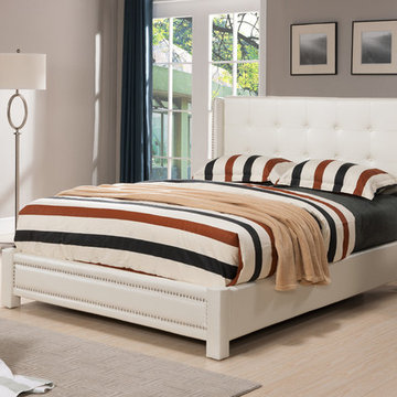 Ivory Faux Leather Tufted Upholstered Platform Slat Bed (Wood Frame)