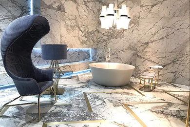 Freestanding bathtub - large transitional master multicolored tile and marble tile marble floor and multicolored floor freestanding bathtub idea in Atlanta
