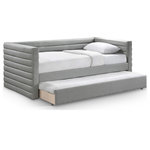 Meridian Furniture - Beverly Vegan Leather Upholstered Daybed, Gray - Enjoy added sleeping space with the addition of this Beverly grey vegan leather twin daybed. It's upholstered with soft premium vegan leather, it's water-resistant and anti-scratch. Featuring deep channel tufting for comfort and style, the daybed includes a twin trundle with a rolling design for up to an 8" thick mattress. Serve dual purposes with the trundle as storage or an additional sleeping area. With its contemporary design, this daybed blends functionality and elegance, ideal for maximizing space and comfort in your modern living area.