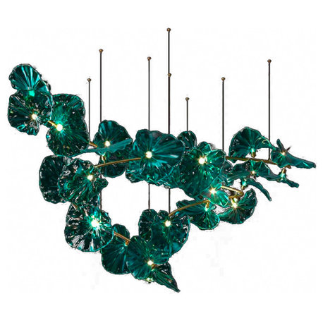 Cagliari | Unique Green Glass Leaves Shaped Pendant Chandelier, Green, B150, Cool Light