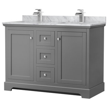Avery 48" Dark Gray Double Vanity, Carrara Marble Top, Square Sinks, No Mirror