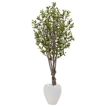5' Olive Artificial Tree, White Oval Planter