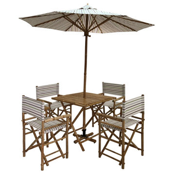 Outdoor Patio Set Umbrella Square Table Chairs, White Stripes