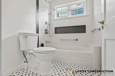 Bathroom - white tile ceramic tile, white floor and single-sink bathroom idea in Seattle with a one-piece toilet and white walls