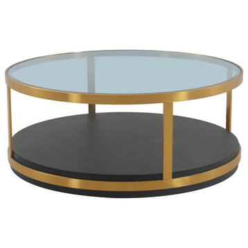 Hattie Glass Top and Walnut Wood Coffee Table with Brushed Gold Frame