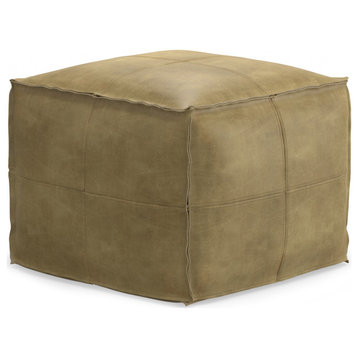 Sheffield Square Pouf in Leather, Distressed Sandcastle