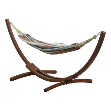 Double Cotton Hammock Bed W/ 10 ft Wooden Arc Patio Hammock Stand, Desert Moon