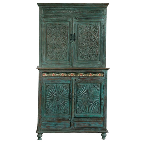 Consigned Antique Armoire Cabinet Teal Blue 4 Doors Carved Spanish Armoire 81