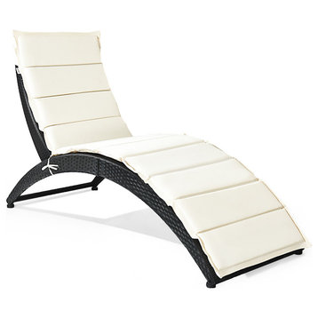 Costway Folding Patio Rattan Lounge Chair Chaise Cushioned Garden Lawn Black