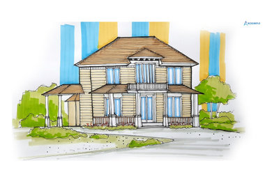 Inspiration for a mid-sized modern multicolored two-story brick and board and batten duplex exterior remodel in Wilmington with a hip roof, a tile roof and a gray roof