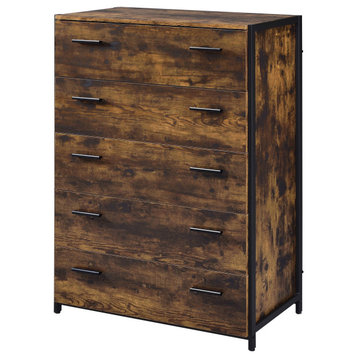 Industrial Vertical Dresser, 5 Drawers With Double Bar Pulls, Rustic Oak/Black