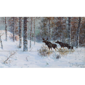 Tile Mural Landscape winter forest snow elk Backsplash 4.25" Ceramic Matte