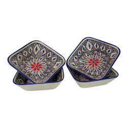 Le Souk Ceramique - Square Stoneware Pasta/Salad Bowls, Set of 4, Tabarka Design - Serving And Salad Bowls