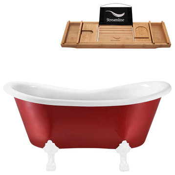 62" Red Clawfoot Tub and Tray, White Feet, Chrome Internal Drain