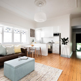 Foto di un piccolo soggiorno minimal aperto con parete attrezzata e parquet chiaro