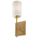 Forte Lighting, Inc. - 1-Light Wall Sconce, Soft Gold - The Faye wall sconce comes in gold finish steel with a clear glass shade. Suitable for bath, bedrooms or hallways. Also available in black finish steel and brushed nickel finished steel. This 1-light sconce measures 4.5 in. L x 4.5 in. D x 15 in. H.. Medium Base Bulb, 75W max per bulb. This fixture is hardwired.  Bulbs are not included with the fixture.