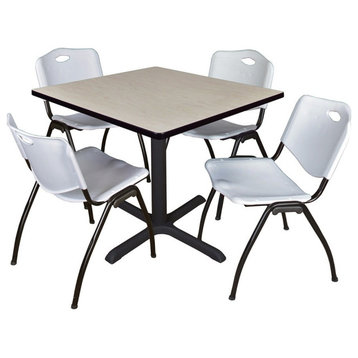 Cain 36" Square Breakroom Table, Maple and 4 'M' Stack Chairs, Gray