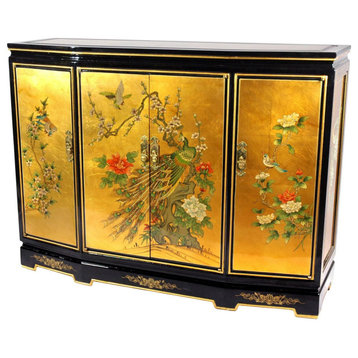 Classic Oriental Sideboard, 4 Golden Leaf Doors With Floral/Bird Hand Painting