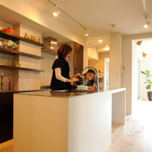 Zweizeilige, Mittelgroße Asiatische Küche mit Vorratsschrank, integriertem Waschbecken, Edelstahl-Arbeitsplatte und Kücheninsel in Osaka