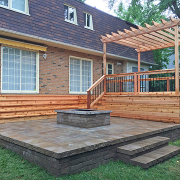 Western Red Cedar Deck with Cedar Pergola & Stone Patio & Stone Fireplace