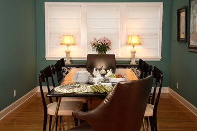 Enclosed dining room - mid-sized traditional light wood floor enclosed dining room idea in Los Angeles with green walls and no fireplace