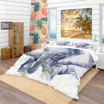 Baby Elephant Blue Watercolor Tropical Duvet Cover Set, Twin
