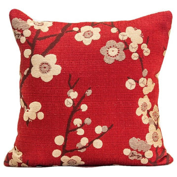 Designer Pillow Cover, Cherry Blossom Design, Red Decorative Pillow, 22"x22"