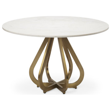 Laurent White Marble Top With Metal Base 48" Round Dining Table, White & Gold