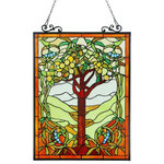 CHLOE Lighting - Olea Tiffany-Glass "Fruits Of Life" Window Panel - OLEA Fruits of Life Tree window panel will add delight and color to any room. Handcrafted with quality materials of real stained glass and gems complement the intricate details of this masterpiece. It is framed in metal with a vintage patina tone and adorned with designer anchors.
