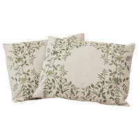 18" Beige Green Leaf Embroidered Throw Pillows, Set of 2