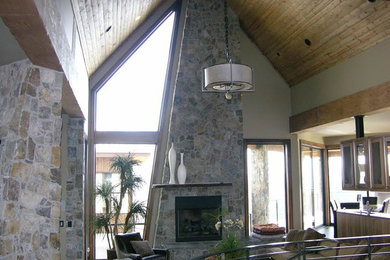 Example of a minimalist living room design in Portland with beige walls, a standard fireplace and a metal fireplace