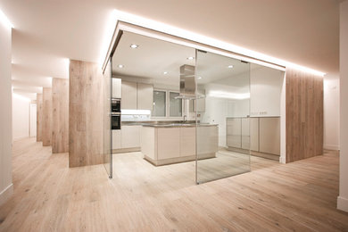 This is an example of a modern kitchen in Bilbao with light hardwood floors and with island.
