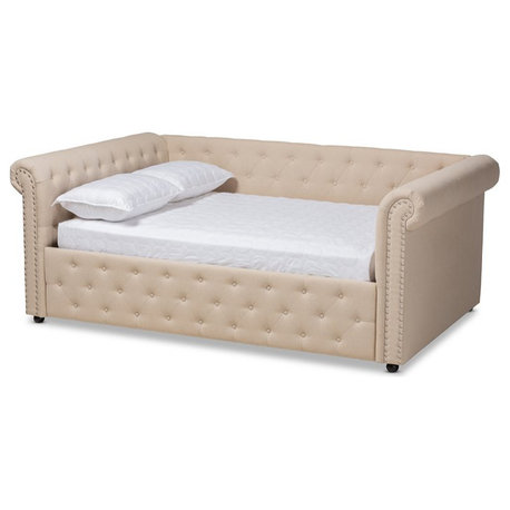 Bowery Hill Mid-Century Fabric/Wood Tufted Queen Daybed in Beige