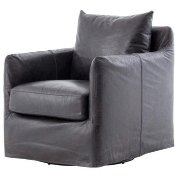 Banks Slipcovered Black Leather Swivel Club Chair