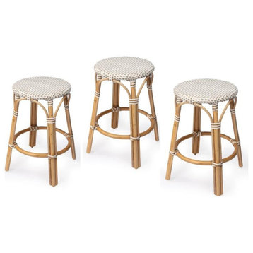 Home Square 3 Piece Rattan Counter Stool Set in Beige and White