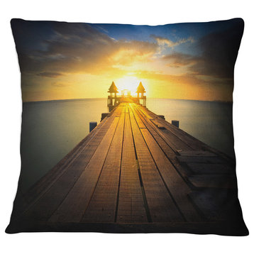 Massive Wood Pier to Sun at Evening Pier Seascape Throw Pillow, 18"x18"