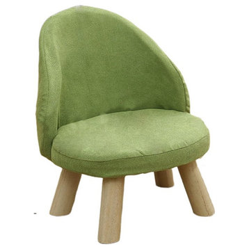 Round Low Stool, Solid Wood Cotton & Linen, Green, H17.3"