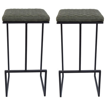 LeisureMod Quincy Leather Bar Stools With Metal Frame Set of 2 Olive Green